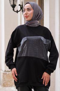 Çift Cepli Bisiklet Yaka Tunik Siyah