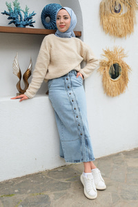 Çift Cepli Boydan Düğmeli Etek  Buz Mavi