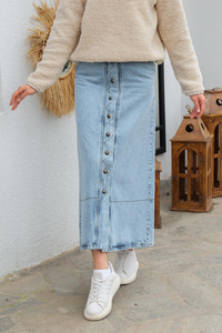 Çift Cepli Boydan Düğmeli Etek  Buz Mavi