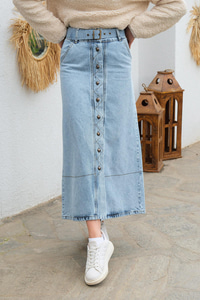 Çift Cepli Boydan Düğmeli Etek  Buz Mavi