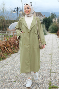 Çift Cepli Çıt Çıt Detay Kapüşonlu Trençkot Haki Yeşil