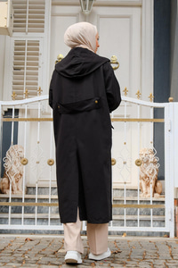 Çift Cepli Çıt Çıt Detay Kapüşonlu Trençkot Siyah