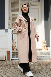 Çift Cepli Çıt Çıt Detay Kapüşonlu Trençkot Bej