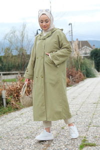 Çift Cepli Çıt Çıt Detay Kapüşonlu Trençkot Haki Yeşil