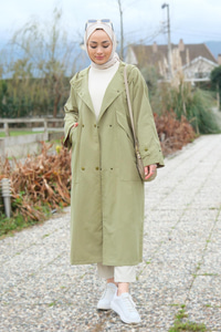 Çift Cepli Çıt Çıt Detay Kapüşonlu Trençkot Haki Yeşil