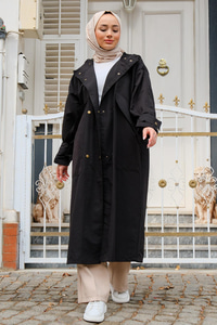 Çift Cepli Çıt Çıt Detay Kapüşonlu Trençkot Siyah