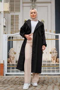 Çift Cepli Çıt Çıt Detay Kapüşonlu Trençkot Siyah