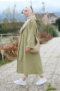 Çift Cepli Çıt Çıt Detay Kapüşonlu Trençkot Haki Yeşil