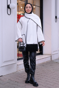 Çift Cepli Dikiş Detay Atkılı Hırka Beyaz