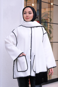 Çift Cepli Dikiş Detay Atkılı Hırka Beyaz