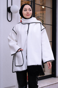 Çift Cepli Dikiş Detay Atkılı Hırka Beyaz