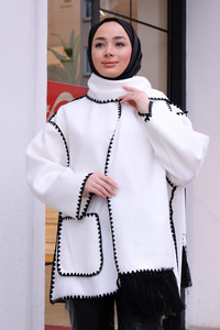 Çift Cepli Dikiş Detay Atkılı Hırka Beyaz