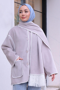 Çift Cepli Dikiş Detay Atkılı Hırka Gri