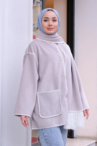 Çift Cepli Dikiş Detay Atkılı Hırka Gri