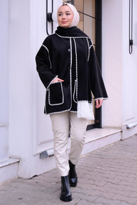 Çift Cepli Dikiş Detay Atkılı Hırka Siyah