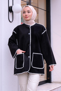 Çift Cepli Dikiş Detay Atkılı Hırka Siyah