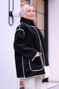 Çift Cepli Dikiş Detay Atkılı Hırka Siyah