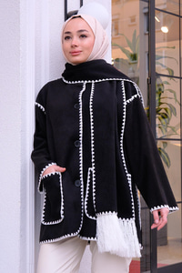 Çift Cepli Dikiş Detay Atkılı Hırka Siyah