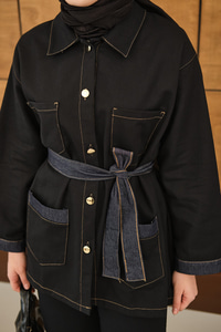 Çift Cepli Gold Düğme Detay Bel Bağlamalı Takım Siyah