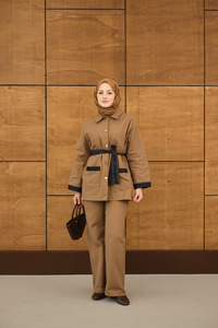 Çift Cepli Gold Düğme Detay Bel Bağlamalı Takım Vizon