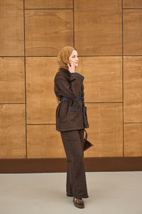 Çift Cepli Gold Düğme Detay Bel Bağlamalı Takım Kahverengi