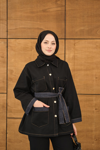 Çift Cepli Gold Düğme Detay Bel Bağlamalı Takım Siyah