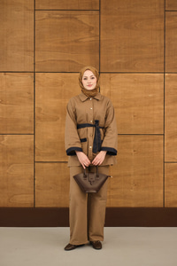 Çift Cepli Gold Düğme Detay Bel Bağlamalı Takım Vizon