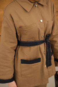 Çift Cepli Gold Düğme Detay Bel Bağlamalı Takım Vizon