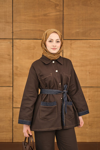 Çift Cepli Gold Düğme Detay Bel Bağlamalı Takım Kahverengi