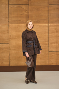 Çift Cepli Gold Düğme Detay Bel Bağlamalı Takım Kahverengi