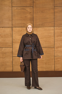 Çift Cepli Gold Düğme Detay Bel Bağlamalı Takım Kahverengi