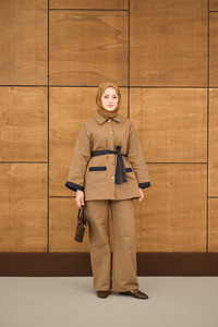 Çift Cepli Gold Düğme Detay Bel Bağlamalı Takım Vizon