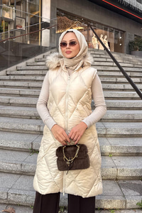 Çift Cepli Kapüşonlu Yelek Bej