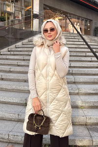 Çift Cepli Kapüşonlu Yelek Bej