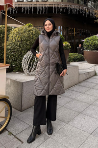 Çift Cepli Kapüşonlu Yelek Gri