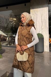 Çift Cepli Kapüşonlu Yelek Taba