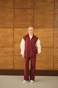 Çift Cepli Kapüşonlu Yelekli Takım Bordo