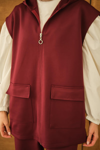 Çift Cepli Kapüşonlu Yelekli Takım Bordo