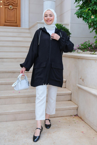 Çift Cepli Kendinden Desenli Hırka  Siyah