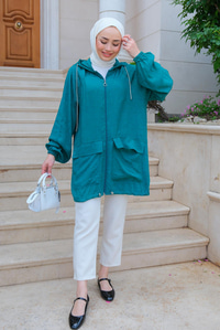 Çift Cepli Kendinden Desenli Hırka  Yeşil