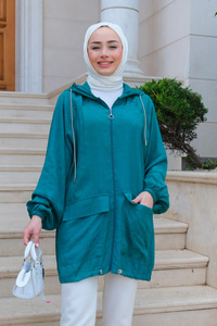 Çift Cepli Kendinden Desenli Hırka  Yeşil