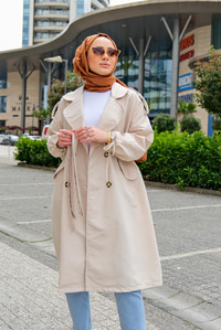 CIFT CEPLI KOL BAGLAMALI TRENC EKRU