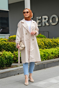 CIFT CEPLI KOL BAGLAMALI TRENC EKRU