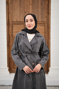 Çift Cepli Omuz Apolet Detay Bel Bağlamalı Kot Trenç Füme