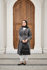 Çift Cepli Omuz Apolet Detay Bel Bağlamalı Kot Trenç Füme