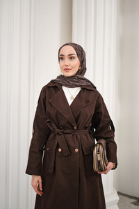 Çift Cepli Omuz Apolet Detay Bel Bağlamalı Kot Trenç Kahverengi