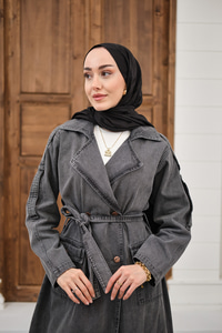 Çift Cepli Omuz Apolet Detay Bel Bağlamalı Kot Trenç Füme