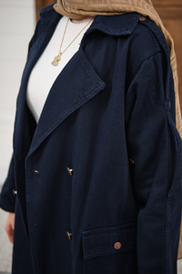 Çift Cepli Omuz Apolet Detay Bel Bağlamalı Kot Trenç Lacivert