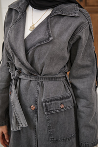 Çift Cepli Omuz Apolet Detay Bel Bağlamalı Kot Trenç Füme