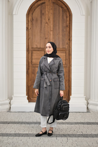 Çift Cepli Omuz Apolet Detay Bel Bağlamalı Kot Trenç Füme